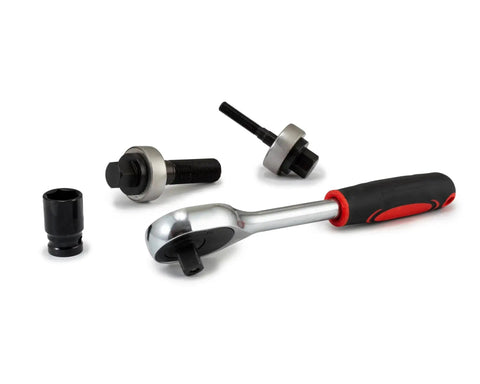 Ratchet Knockout Punch Set With 6 Dies From Half Inch To Two Inch, ergonomic handle, and hydraulic power for fast burr-free holes
