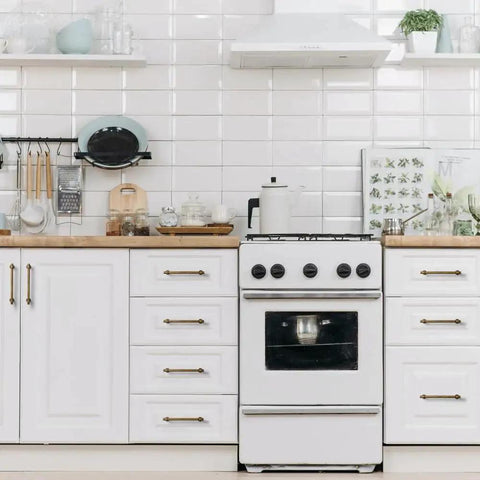 Kitchen with white cabinets featuring Vintage Brass Cabinet Handles Set Of 6 With 128mm Hole Center Striped Design Modern Drawer Pulls