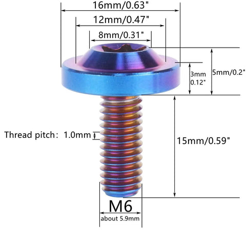 Burnt Blue Ti6Al4V M6 Bolts Torx T40 Set, 4 Pcs With 10 15 20mm Lengths, shown with dimensions for bike motorcycle car use.