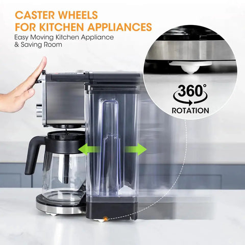 Self Adhesive Caster Wheels For Kitchen Appliances Aieve 8 Pack installed on coffee maker, showing 360-degree rotation and easy movement.