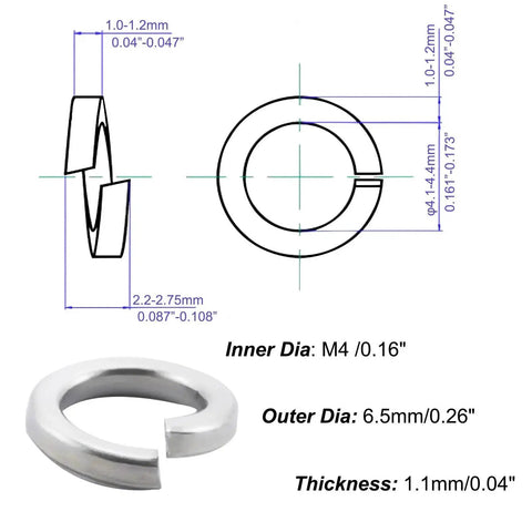 M4 split lock washer, 304 stainless steel, silver; outer 6.5 mm, inner 4.0 mm, thickness 1.1 mm; 120 pcs