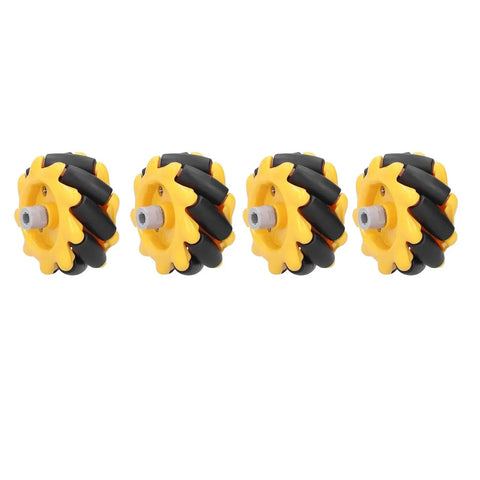 Four yellow and black 48mm mecanum wheels from Versatile 48mm Directional Drive Set For Robot Cars Compatible With Motors And Popular Building Block Systems No Fuss Plug N Play Setup For Quick Install, Durable Components For STEM Projects And Custom Robotics Three Stage Quality Checks By Aqxreight