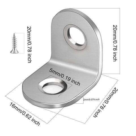 Close-up of a stainless steel L bracket with 20x20 mm size and screws, part of the 100 Piece Stainless Steel L Brackets 20 By 20 MM 90 Degree Corner Brackets Set with 200 Screws for Wood Furniture Repair.