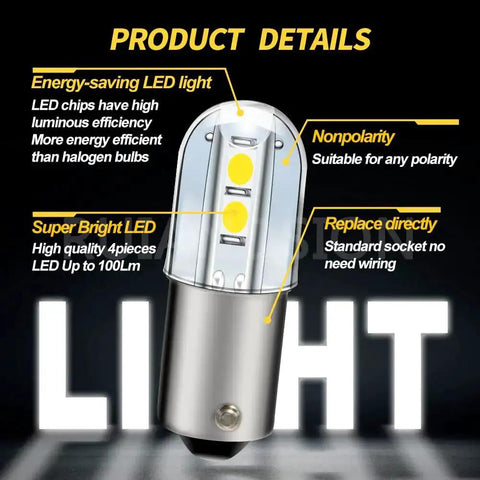 Close-up of BA9S LED Indicator Bulbs 120V AC DC Pack Of 20 Cool White, highlighting energy-saving, nonpolarity, and direct replacement features.