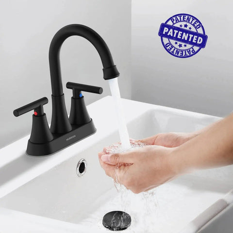 4 Inch Centerset Matte Black Bathroom Faucet With Pop Up Drain And Two Hoses installed on white sink