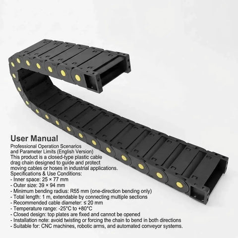 Cable Drag Chain 25x77mm Closed Type R55 for CNC Machines, robotics and automation, shown in a U-bend configuration.