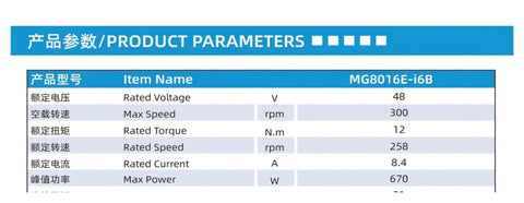 MG8016E-i6B dual-encoder planetary gearbox spec sheet: 48V, 300 rpm max, 12 N·m torque, 258 rpm rated speed