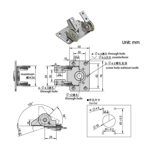 Diagram of Beefed Up 304 Stainless Steel Dual Axis Torque Hinge With Damping For Monitor Mount Bases And Screens 360 Degree Rotation 70 Kg Load Capacity 1 Piece Unit