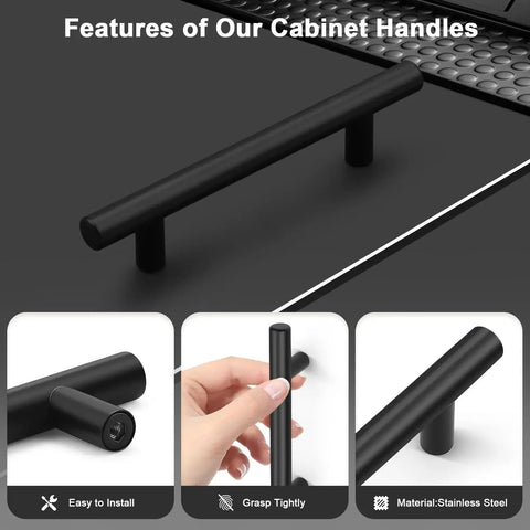 30 Pack Matte Black T Bar Cabinet Pulls, 6 Inch Length With 3-3/4 Inch Hole Centers, shown with features like easy installation.