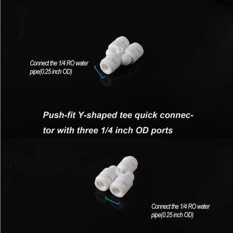 Amazon 10-pack white POM push-fit 1/4 in. tee and Y fittings for RO water systems, 5 T-shaped and 5 Y-shaped.