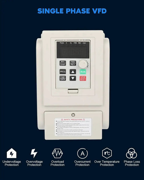 Front view of a 220V VFD Inverter 4KW 6HP 20A Variable Frequency Drive for spindle motors, showing controls and protection features.