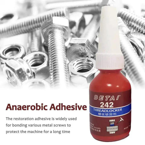 1Pc 10G Thread Lock Glue For Screws, Oil Resistant Anaerobic Adhesive bottle with metal fasteners in background