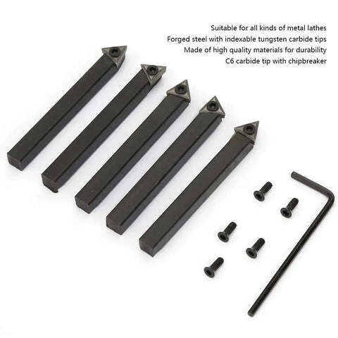 Pro Grade Five Pack One Quarter Inch Indexable Carbide Turning Tool Bits With Triple Cutting Edges For Lathe Machining Replacement Tungsten Carbide Inserts For Turning Facing Boring And Chamfering displayed on a white background with screws and hex key.
