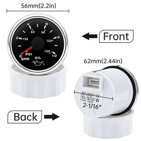Front and back view of Oil Pressure Gauge 52mm 2-1/16 Inch Electric Dial For Auto Cars Trucks Marine Boats 0-150 PSI 0-10 Bar With 7 Color LED Backlight Easy Install Durable 52mm Gauge For Engine Oil Pressure Monitoring.