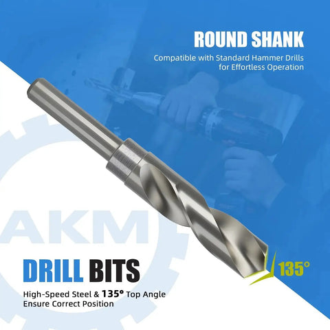Drill bit with 135° top angle and round shank for hammer drills, shown in front of blurred person using a drill.