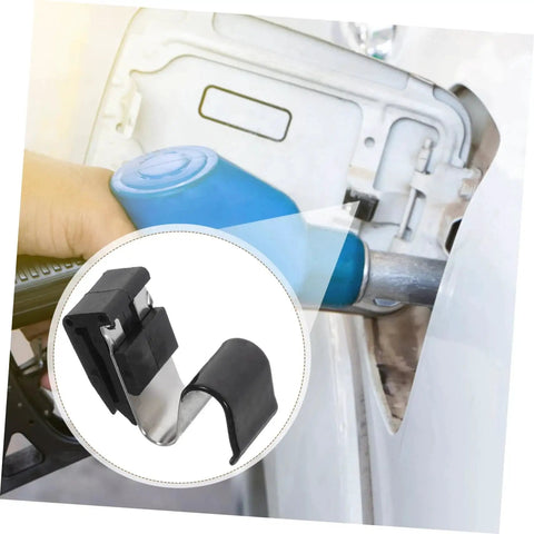 Gas tank door spring clip, black plastic with metal inner clip; close-up view for automotive fuel door replacement