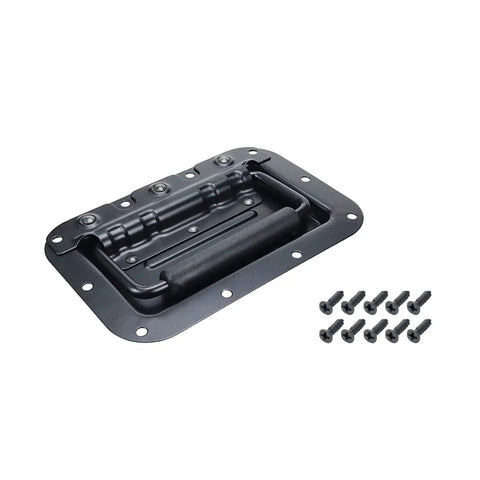 6.34 Inch Black Spring Loaded Handle For Toolboxes And Chests Surface Mounted With Rubber Grip, screws shown