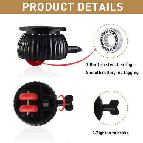 Detailed view of Four Pack Self Adhesive Caster Wheels 1.37 Inch Diameter with built-in steel bearings and brake mechanism.