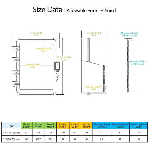 Size diagram of IP67 Waterproof Electrical Junction Box With Hinged Clear Cover And Stainless Steel Latch, dimensions in inches.
