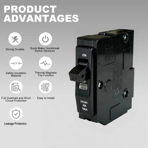 Front view of One-Pole 20 Amp Circuit Breaker Drop-In Replacement For QO120 Plug-In Mini Breaker with product advantages listed.