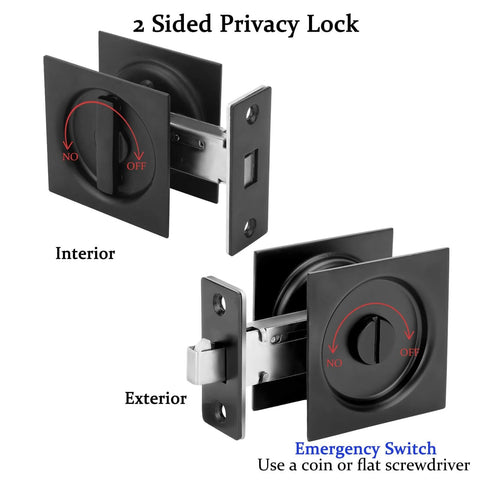 Pocket Door Privacy Lock And Pull In Matte Black Stainless Steel 304 With Two And Three Eighths Backset For Bedroom Or Bath Flush Door Handles Privacy Latch Emergency Unlock Feature Sliding Barn Hardware, interior and exterior views.