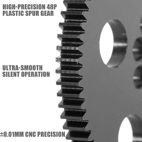 Close-up of Ultra Smooth 48P POM Spur Gear Set For One Tenth Scale RC Drift And Touring Cars showing teeth and CNC precision.