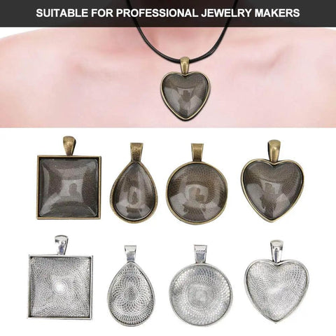 Necklace Base Tray Pendant Mold Kit For DIY Jewelry Making With 60 Pieces Of Metal And Plastic Shapes, heart and square designs shown