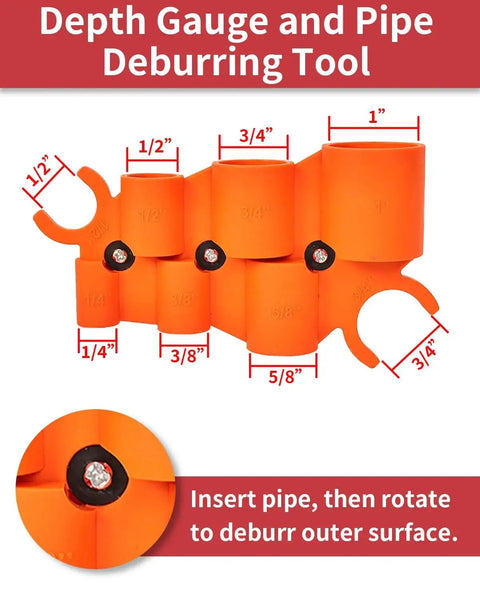 Depth gauge and deburring tool from 12 In 1 Pro Grade Plumbing Kit With 5 High Speed Steel Deburring Blades For PEX Copper PVC CPVC Pipes.