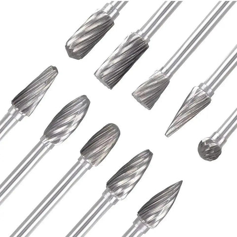 Tungsten Carbide Burr Set 10 Piece One Quarter Inch Shank Double Cut Rotary Burrs For Die Grinder Steel Metal Woodworking Carving Polishing Engraving Premium Quality Bits For DIY Professionals