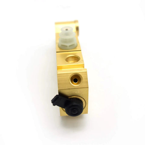 PV2 brass proportioning valve for drums, front/rear brake, gold finish with black knob and white connector.
