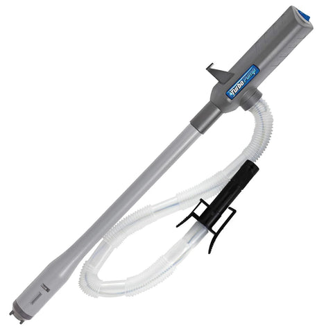 Ontel Turbo Pump liquid transfer pump, gray handheld unit with clear corrugated hose and black mounting clip