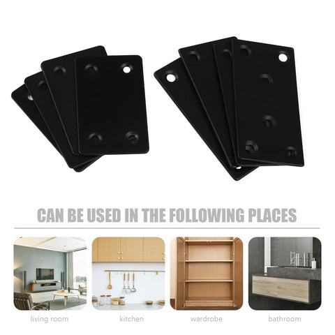 Eight Piece Black Metal Flat Mending Plates Set With 40 Screws And Screwdriver For Wood Shelves And Furniture