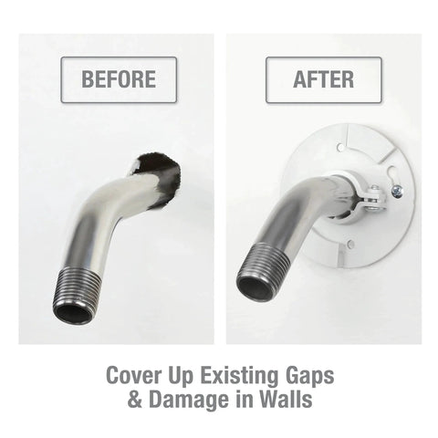 Before and after comparison of Shower Arm Stabilizer Bracket With Flange Cover Chrome Finish For Wobbly Shower Arms Installed on Wall