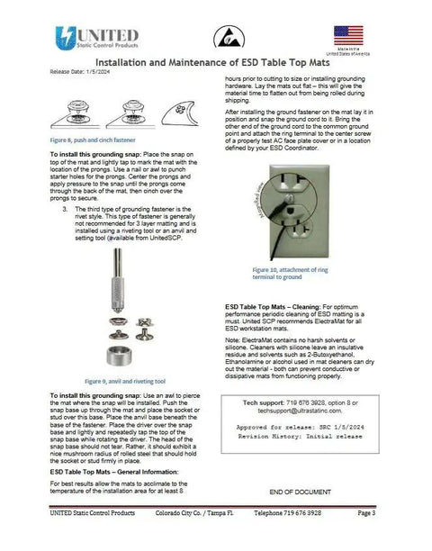 Installation manual for Certified ESD Mat Kit With Ground Cord And Wrist Strap Plus Certification Included For Electronics Assembly, Pro Grade Military Static Control