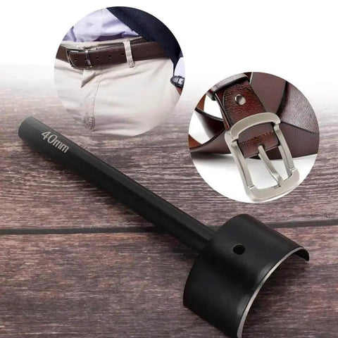 Half Round Leather Punch Cutter 40mm Semicircle Punch Tool for belt ends and edges on wooden surface with close-ups of belts