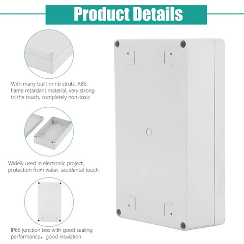 IP65 Waterproof ABS Plastic Project Box Power Control Enclosure 200x120x56mm shown with product features and details