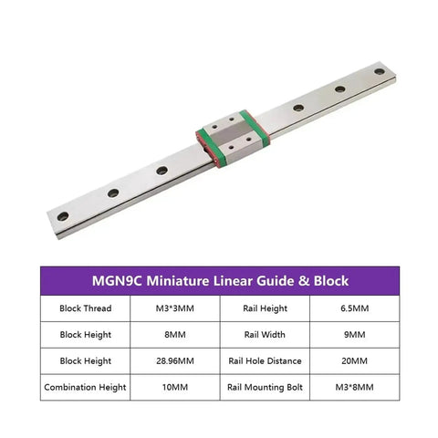 Rail and MGN9 Block Miniature Linear Motion Set for 3D Printer and CNC Projects, 750mm Rail with MGN9C Block with specifications