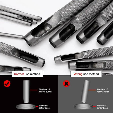 Close-up of 16mm Hollow Hole Punch For Leather Craft Round Carbon Steel Punch Tool With Knurled Handle showing correct and incorrect usage methods.