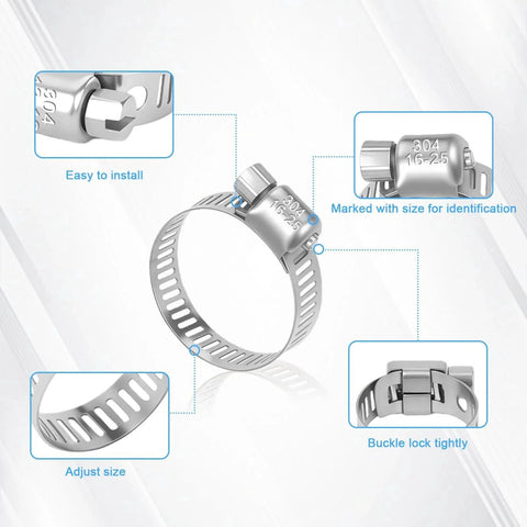 40 Piece Stainless Steel Hose Clamp Set With Adjustable Worm Gear Clamps For Fuel Lines Plumbing And Garden From One Quarter To One And One Half Inch Featuring Size Ranges 6 12mm 10 16mm 13 19mm 16 25mm 21 38mm shown with detail views of easy installation, size marking, and buckle lock.