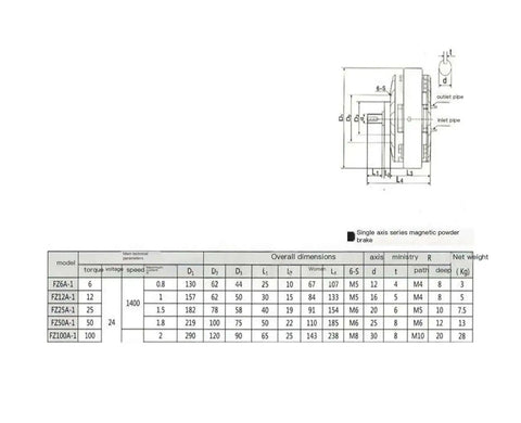 Technical diagram of Industrial Magnetic Powder Single Shaft Brake With 24V Tension Controller dimensions and specifications.