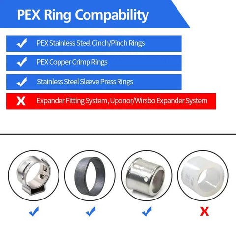 Image showing PEX ring compatibility, highlighting approved stainless steel cinch, copper crimp, sleeve press rings, and disapproved expander system.