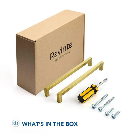 10 Pack Square Cabinet Pulls 10 Inch Brushed Brass Gold Kitchen Cabinet Handles For Cabinets And Drawers, screws, and screwdriver.