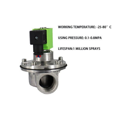 G1 inch diaphragm air control pulse valve with green solenoid, DN25 metal body.