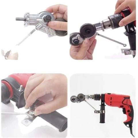 Sheet Metal Cutting Nibbler Attachment For Drills, Pro Grade Drill Nibbler Tool showing installation on red corded drill