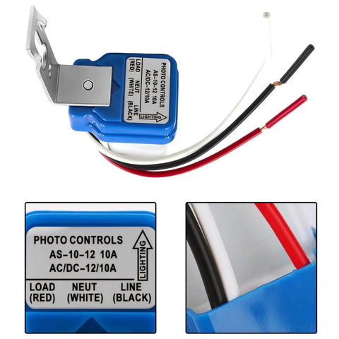 2 Pack 12V AC DC Auto On Off Photocell Light Switches Dusk To Dawn Sensor with wires and label details