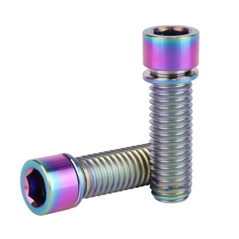 Two Rainbow Titanium M8x25mm Bolts with Washer for Bicycle Stem, showing Grade 5 Titanium Alloy, six pack, 6g each, MTB and Road Bike fasteners