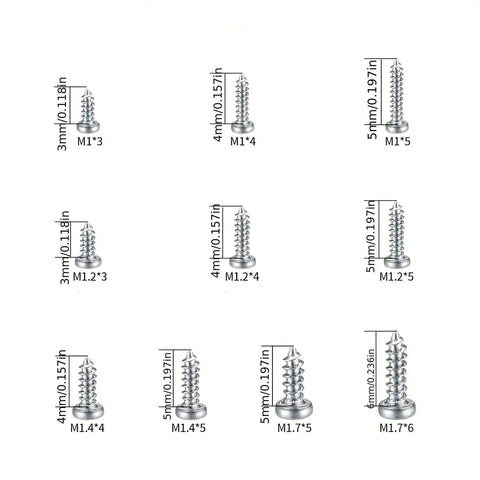 Hex Bolts And Miniature Self-Tapping Screws Set, 600/1200 Piece Kit with measurements for DIYers and precision machinery projects.