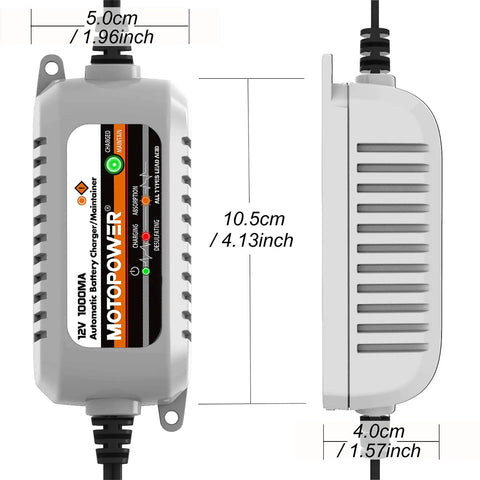 All-in-One 12V Battery Charger, Maintainer, Trickle Charger and Desulfator With Timer Protection - Compact design with dimensions for measurement.