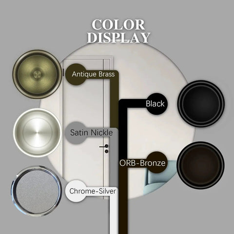 Color display of door hardware including Antique Brass, Satin Nickel, Chrome-Silver, ORB-Bronze, and Black finishes.