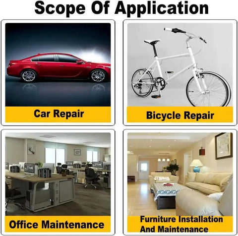 Application scope showing images for car repair, bicycle repair, office maintenance, and furniture installation.
